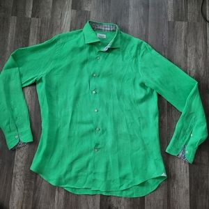 Giannetto Portofino Mens Large Long Sleeve 100% Linen Button Down Shirt Green
